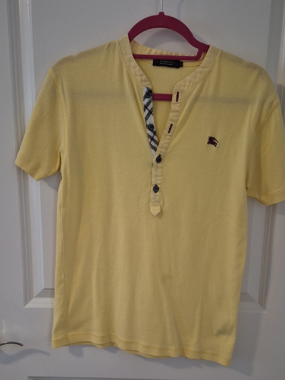 Burberry Pale Yellow Short-Sleeve Henley with Check Trim